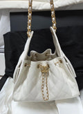 Chanel Small Drawstring / Bucket Bag – White Caviar Leather Gold Hardware (C25)
