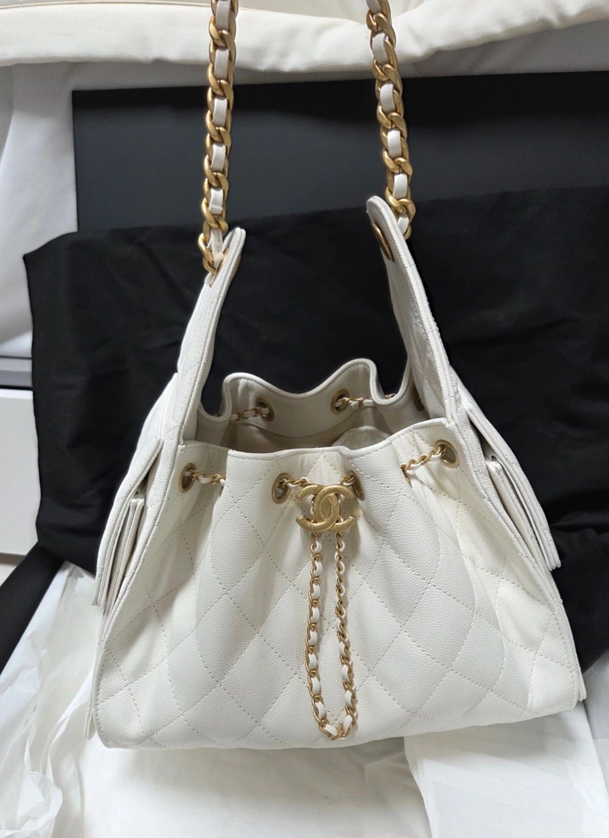 Chanel Small Drawstring / Bucket Bag – White Caviar Leather Gold Hardware (C25)