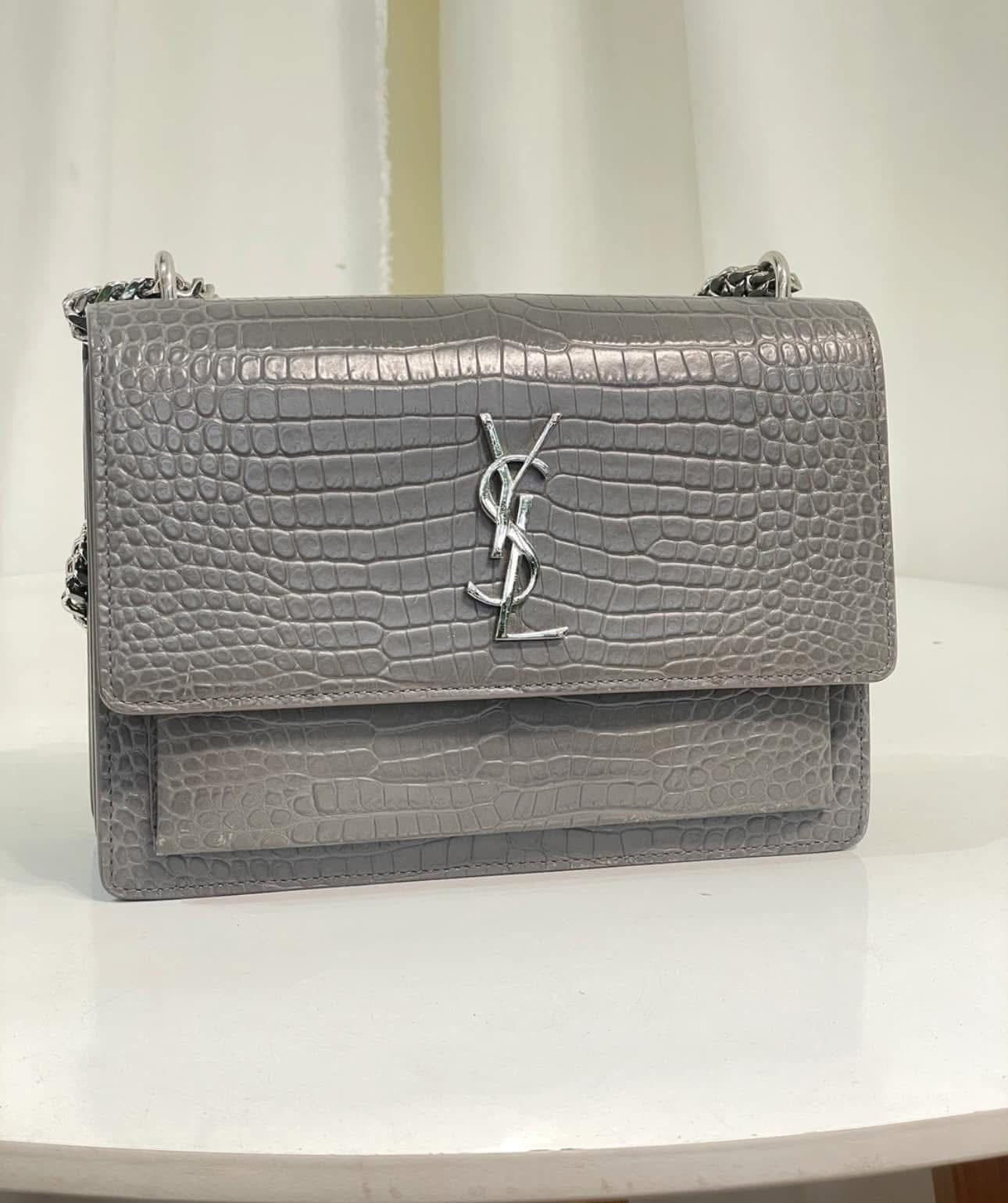 YSL Sunset Medium Bag – Grey Croc Embossed Leather – Silver Hardware