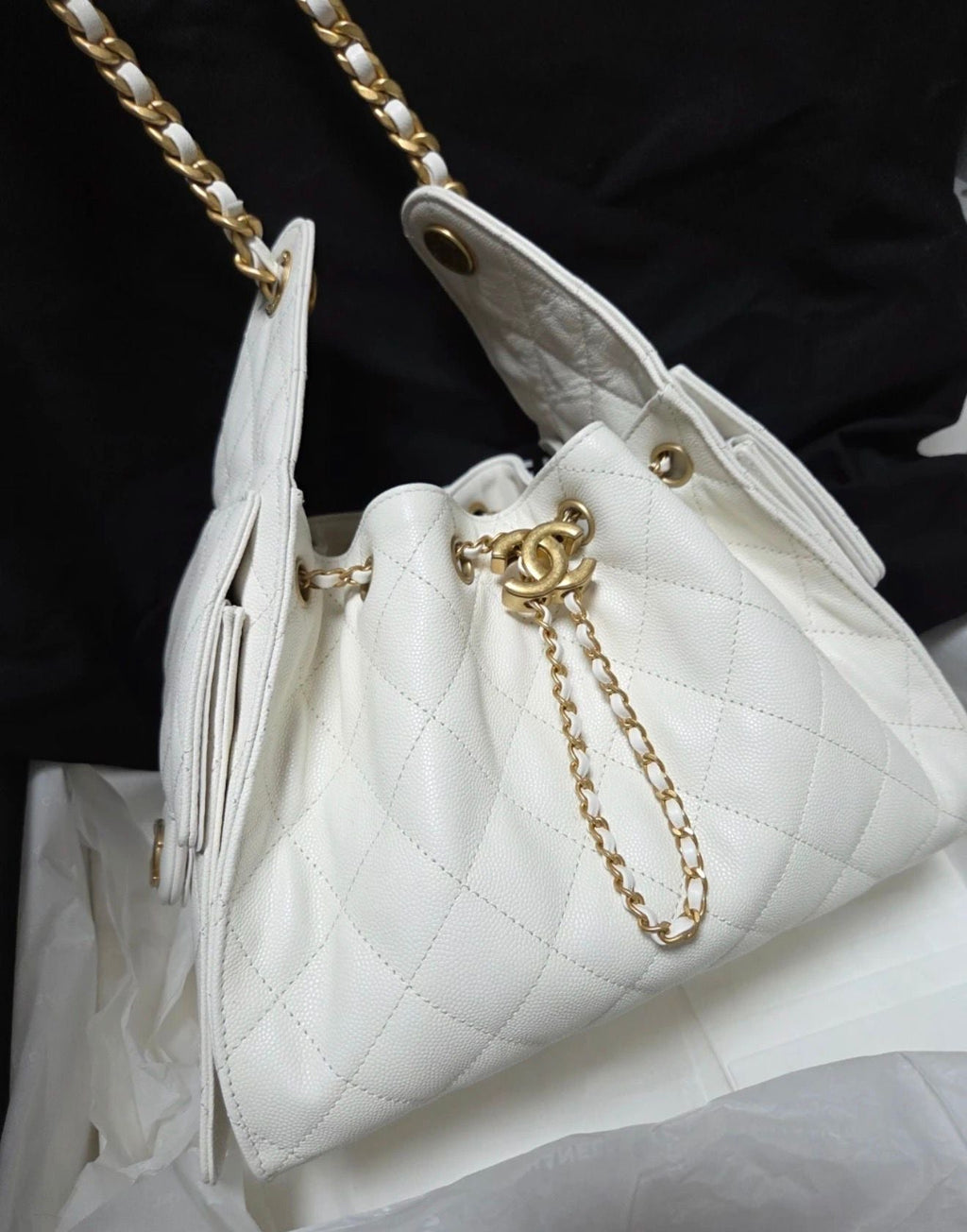 Chanel Small Drawstring / Bucket Bag – White Caviar Leather Gold Hardware (C25)
