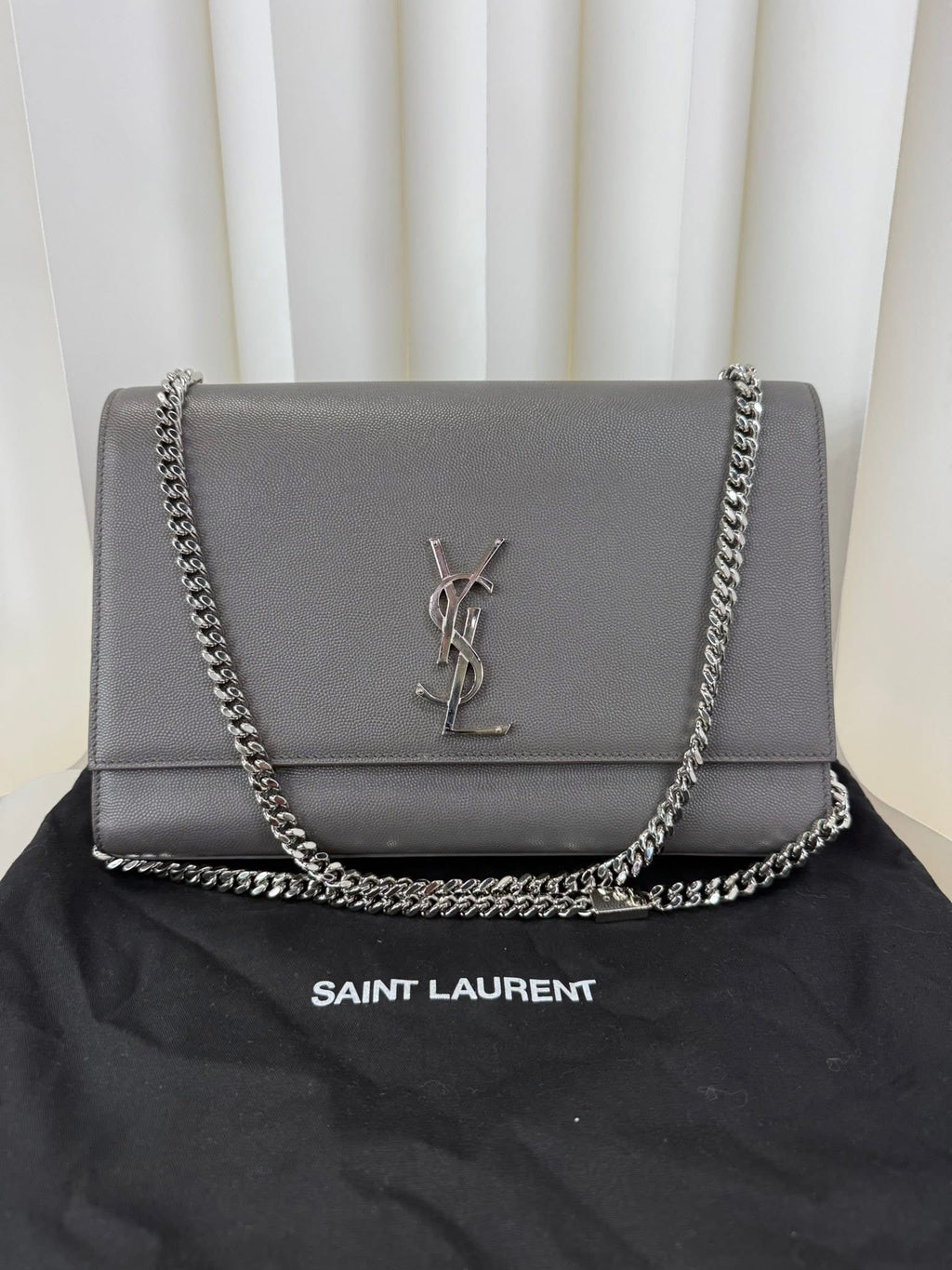 Saint Laurent YSL Large Chain Wallet Grey Silver Hardware
