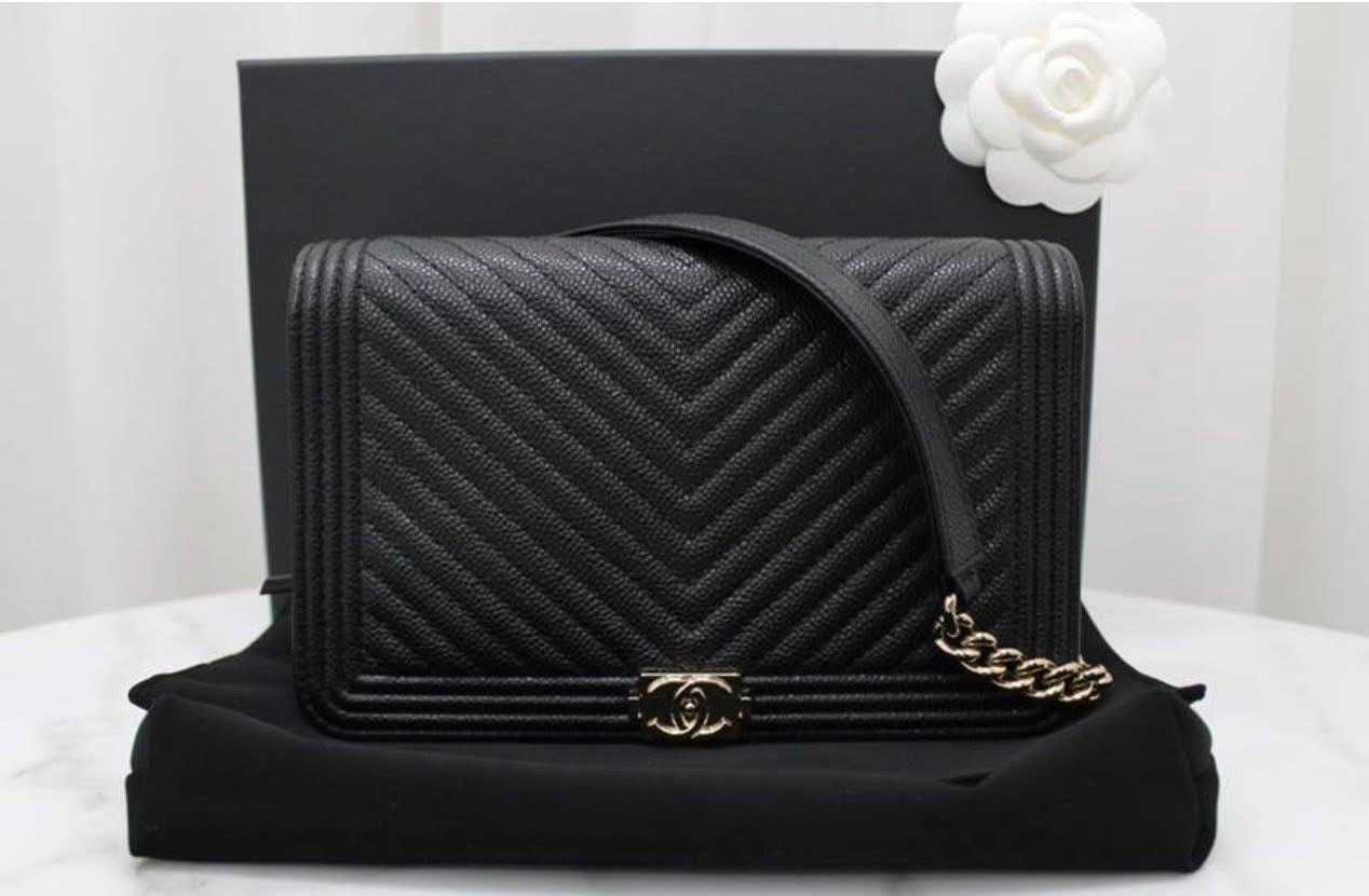 Chanel Boy Bag Chevron WOC – Black Caviar with Champagne Gold Hardware