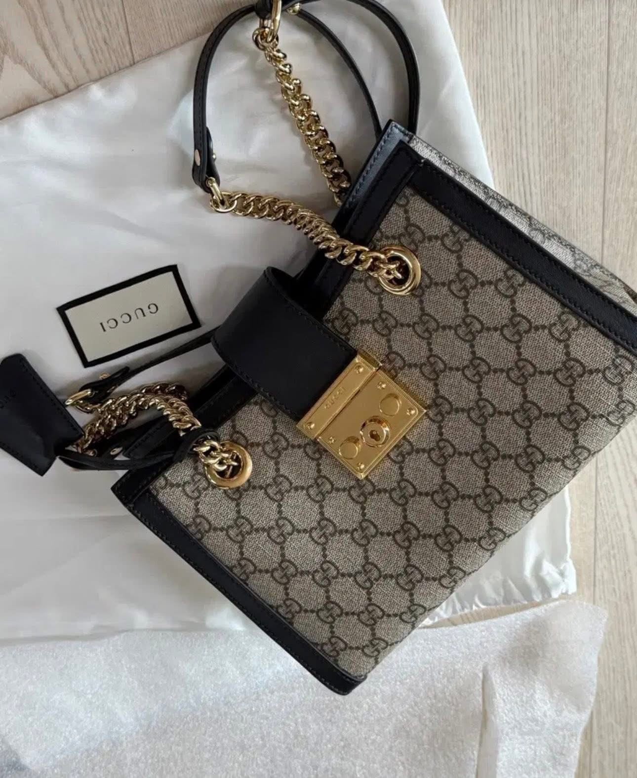 Gucci Small Padlock Shoulder Bag – GG Supreme Canvas – Black/Beige – Gold Hardware