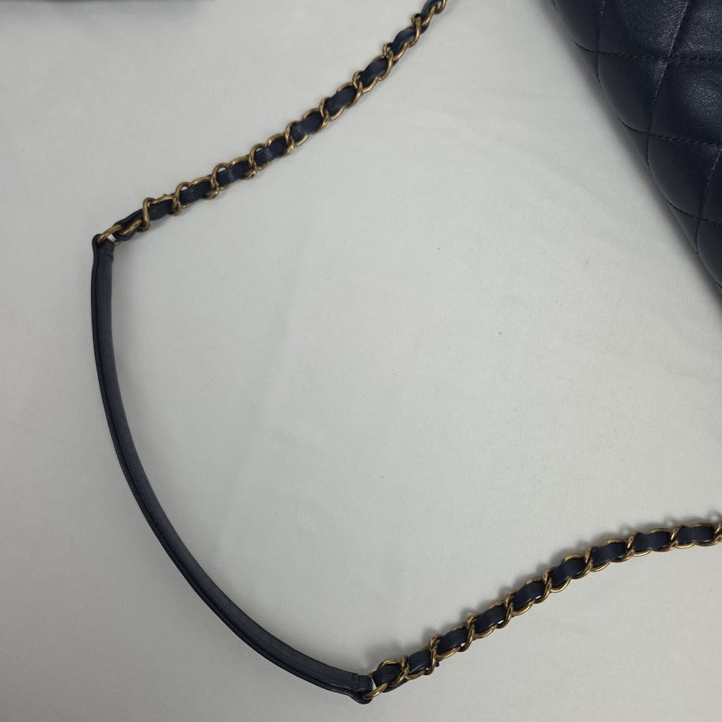 Chanel Calfskin Flap Chain Shoulder Bag Navy Gold