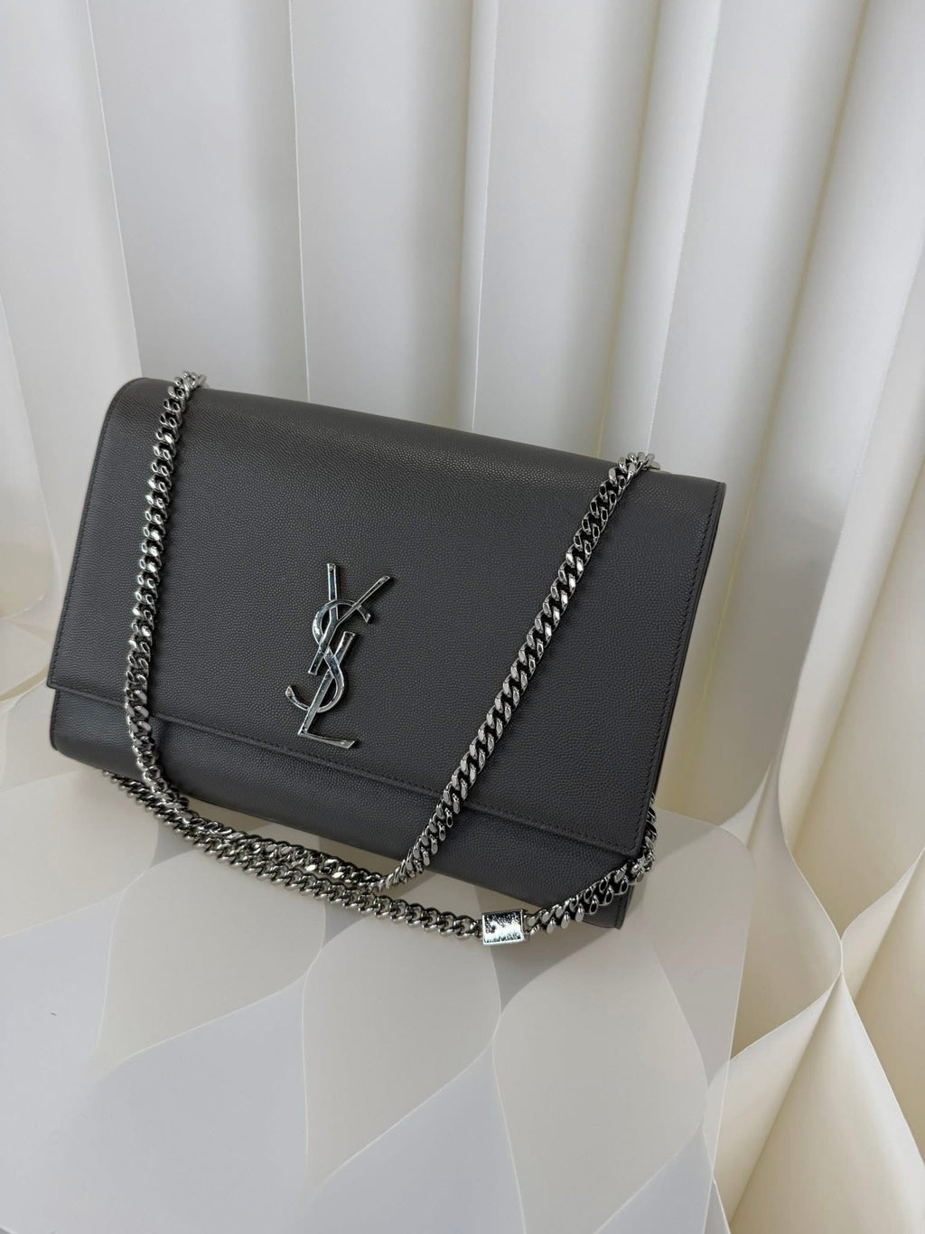 Saint Laurent YSL Large Chain Wallet Grey Silver Hardware