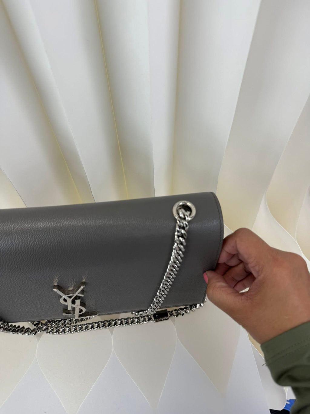 Saint Laurent YSL Large Chain Wallet Grey Silver Hardware
