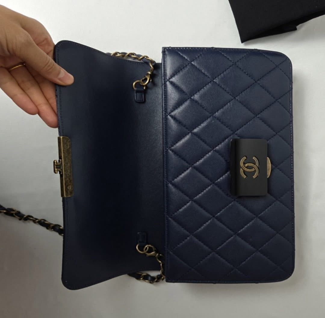 Chanel Calfskin Flap Chain Shoulder Bag Navy Gold