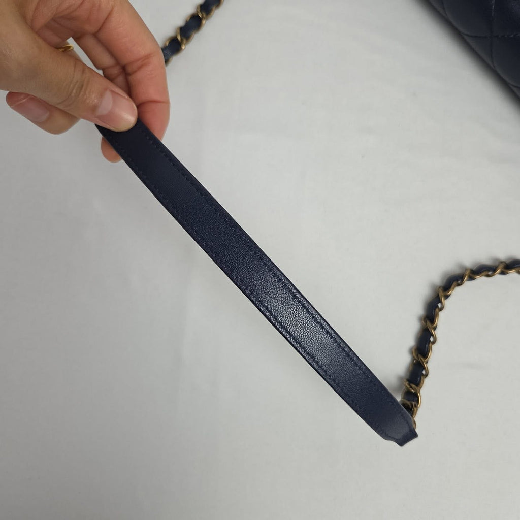 Chanel Calfskin Flap Chain Shoulder Bag Navy Gold