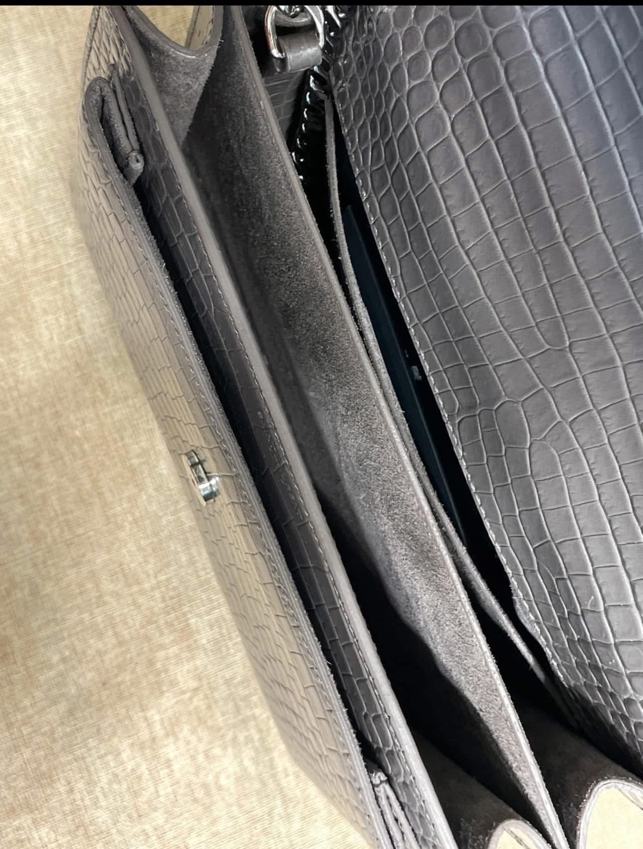 YSL Sunset Medium Bag – Grey Croc Embossed Leather – Silver Hardware