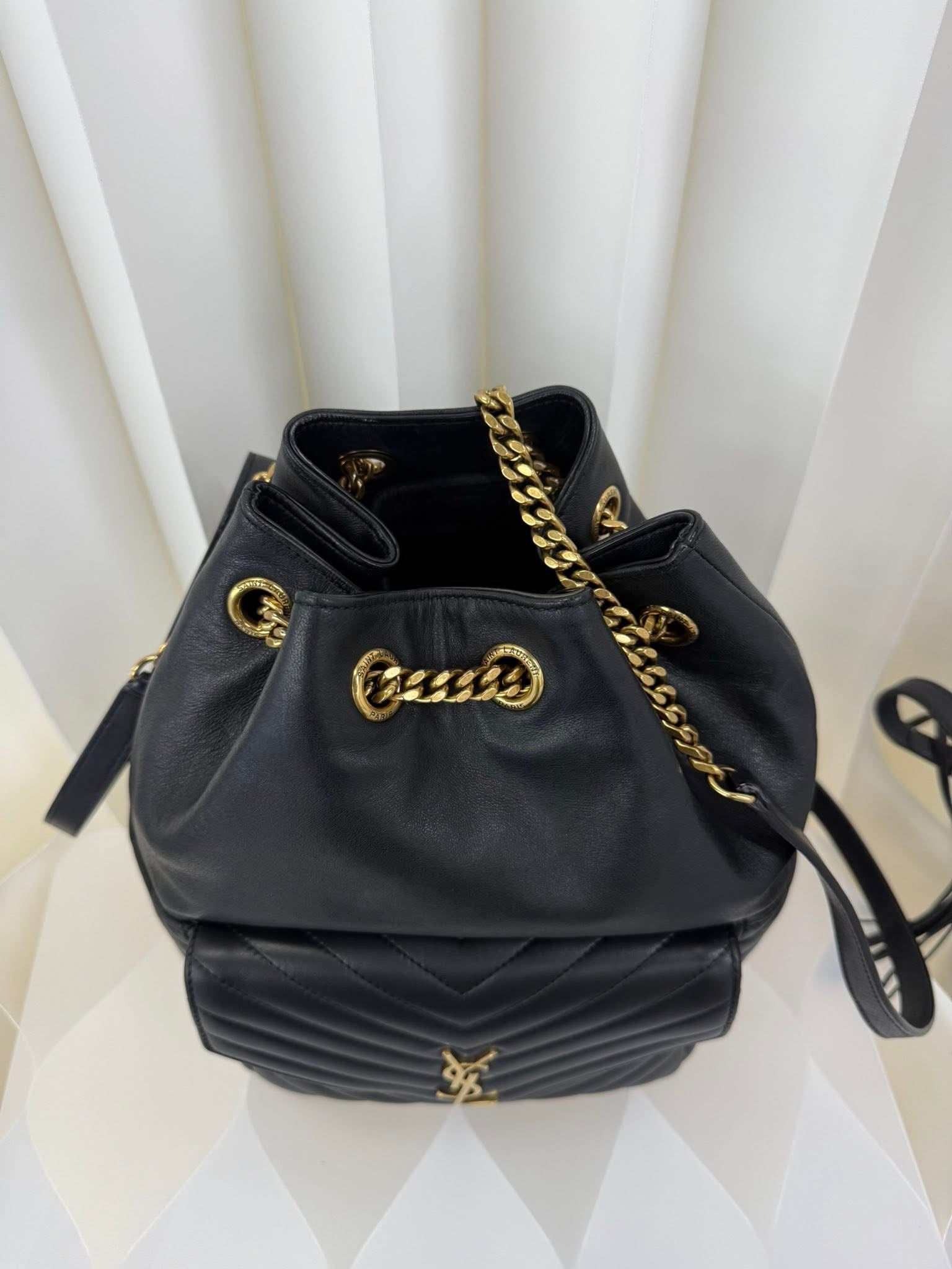 Saint Laurent YSL Chevron Bucket Backpack Black Gold