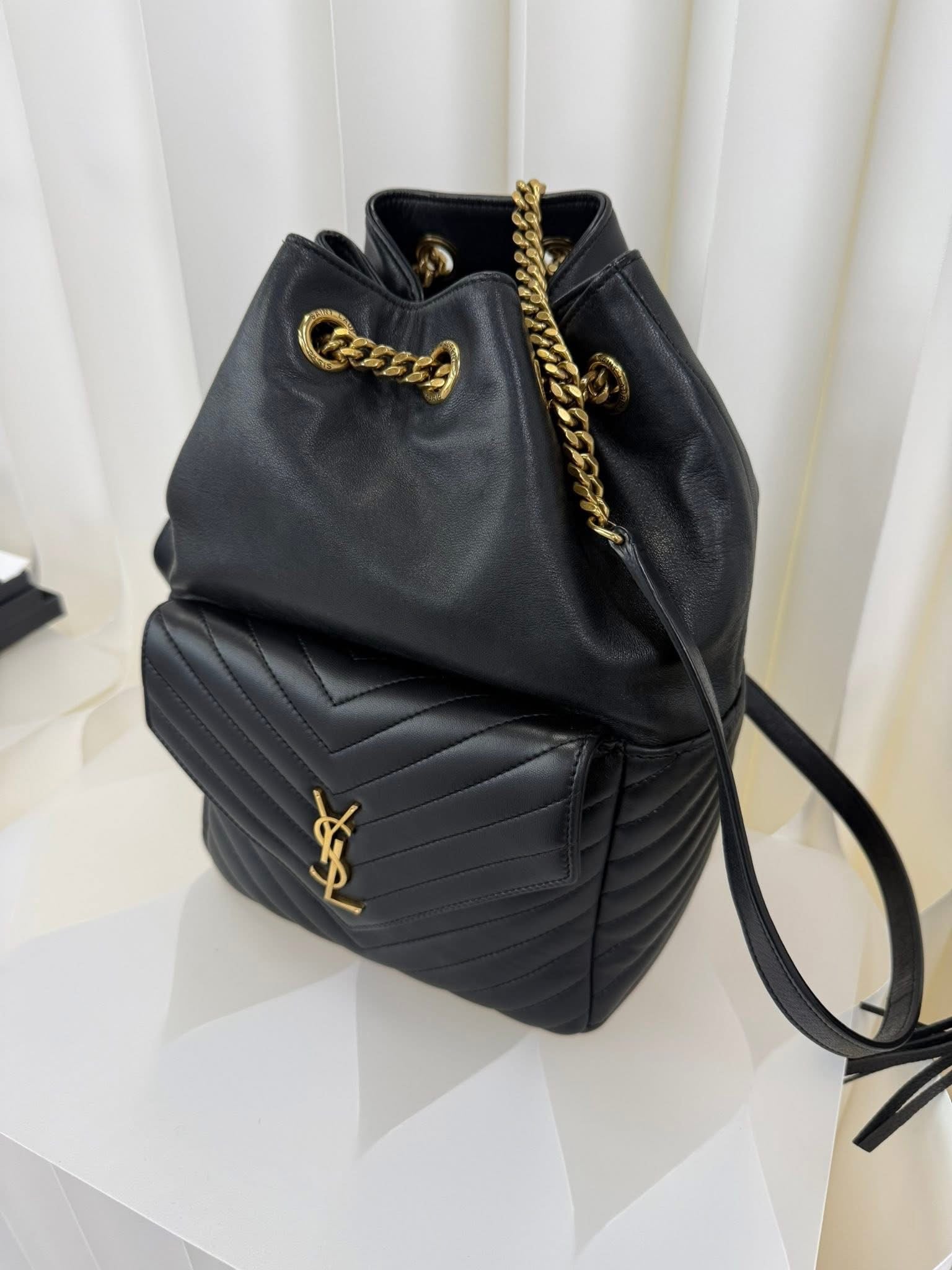 Saint Laurent YSL Chevron Bucket Backpack Black Gold