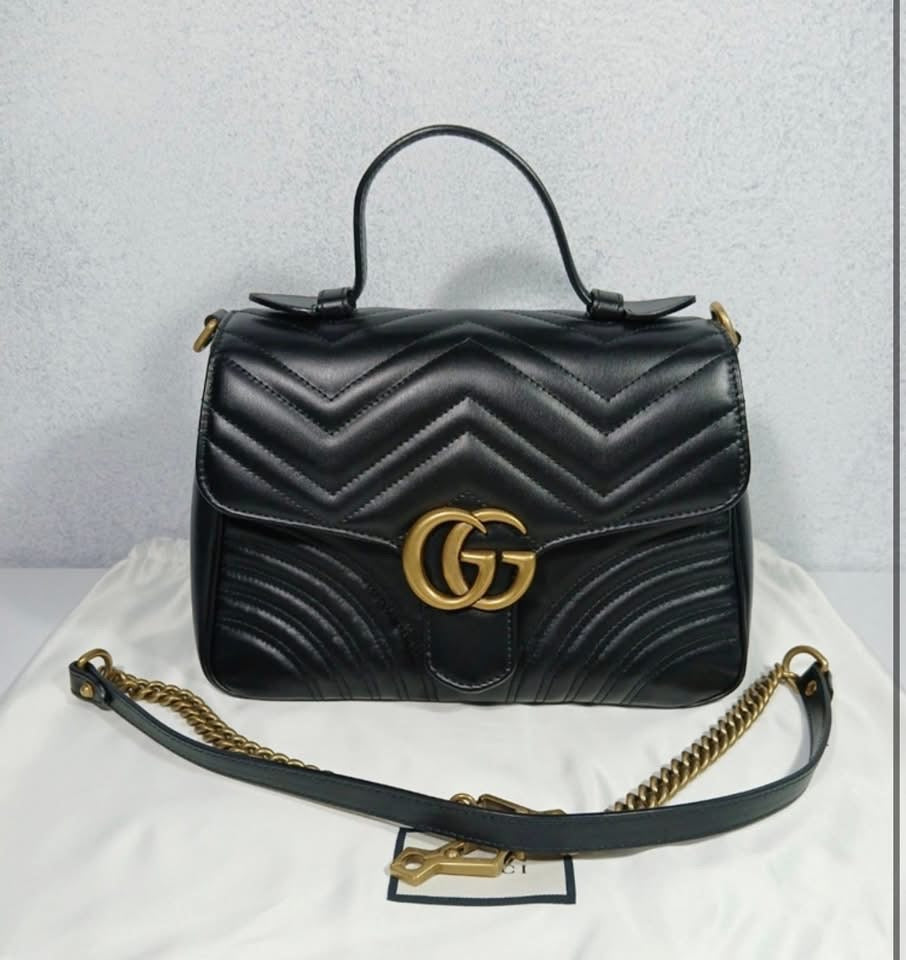 Gucci Marmont Top Handle Bag – Black Leather – Gold Hardware