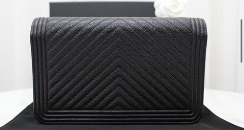 Chanel Boy Bag Chevron WOC – Black Caviar with Champagne Gold Hardware