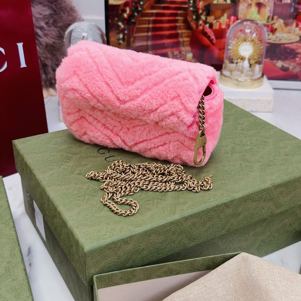 Gucci Marmont Pink Shearling Super Mini WOC – Gold Hardware