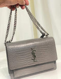 YSL Sunset Medium Bag – Grey Croc Embossed Leather – Silver Hardware