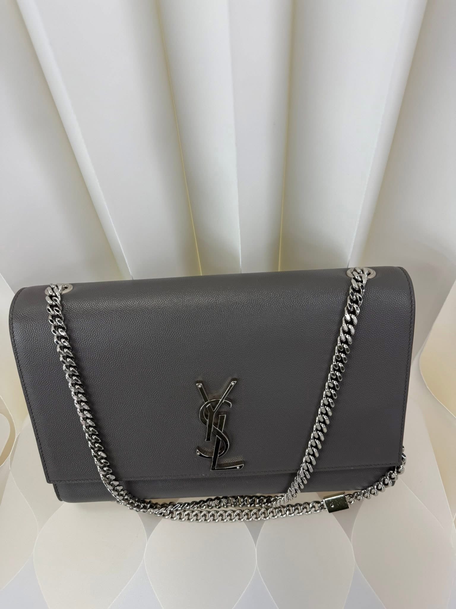 Saint Laurent YSL Large Chain Wallet Grey Silver Hardware