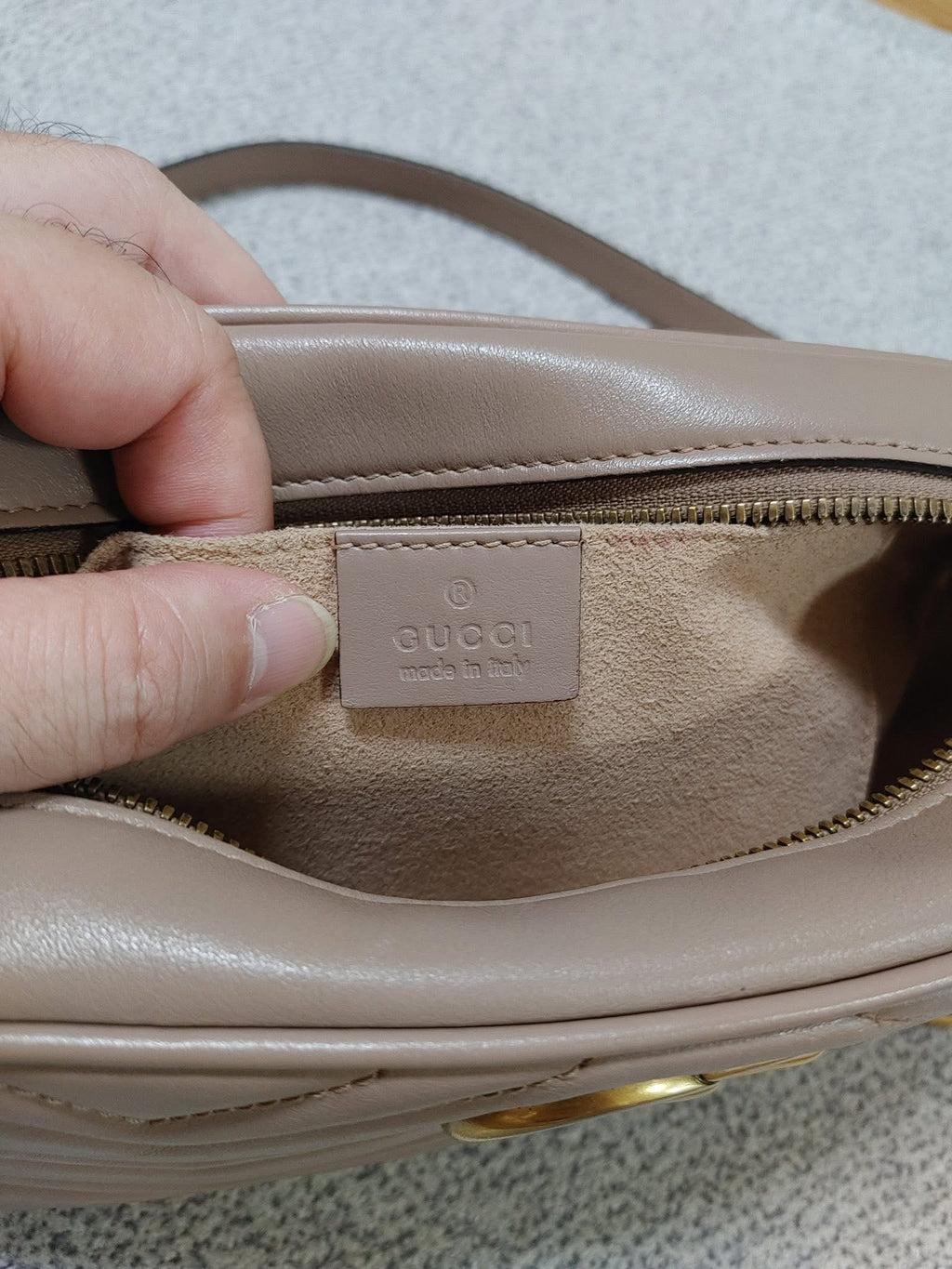 Gucci GG Marmont Matelassé Camera Bag – Dusty Nude / Taupe – Gold Hardware