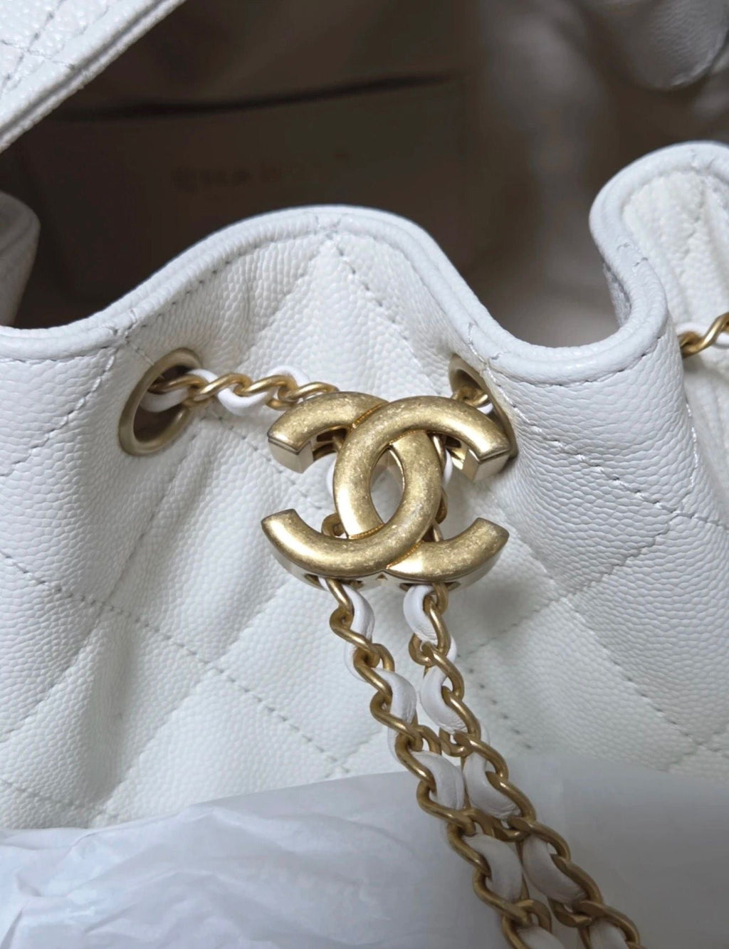 Chanel Small Drawstring / Bucket Bag – White Caviar Leather Gold Hardware (C25)
