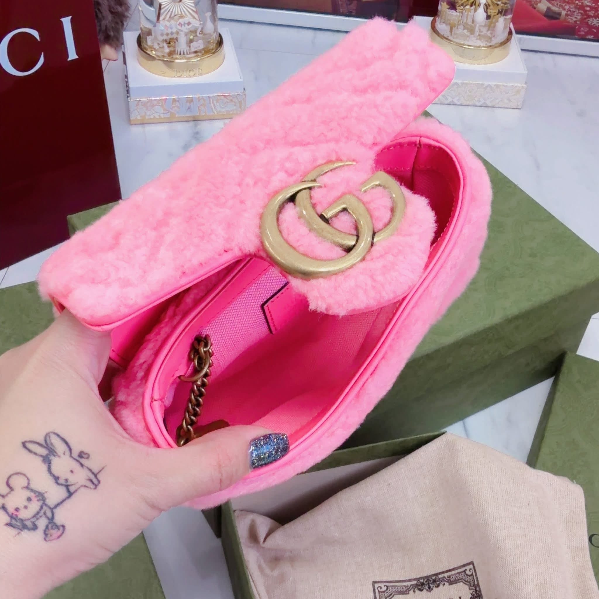 Gucci Marmont Pink Shearling Super Mini WOC – Gold Hardware