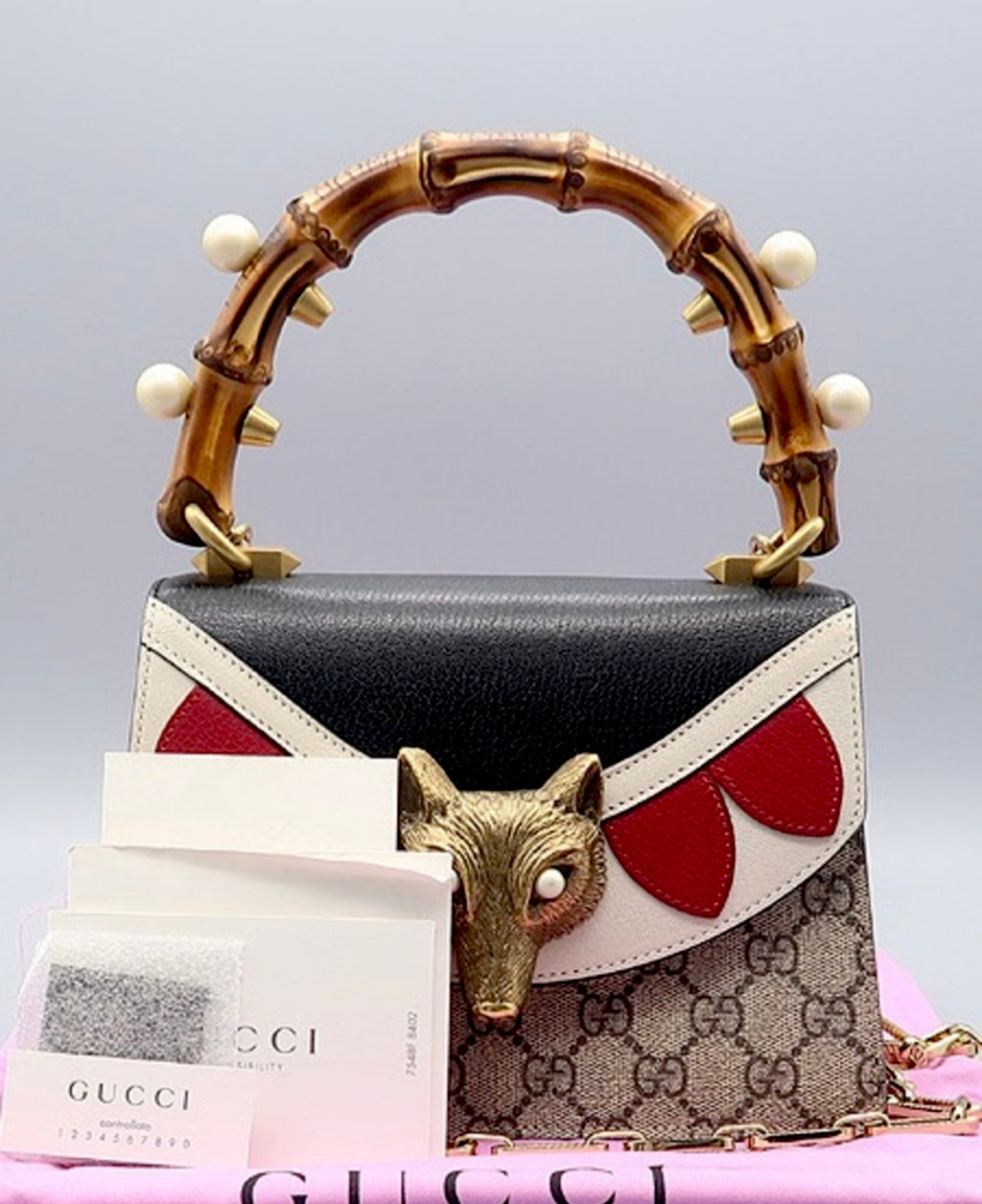 Gucci GG Supreme Pearl Fox Bamboo Top Handle Bag - Limited Editon