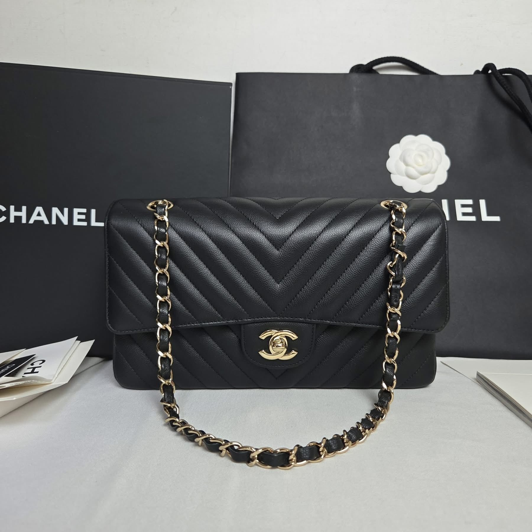 Chanel Classic Medium Caviar Black Gold
