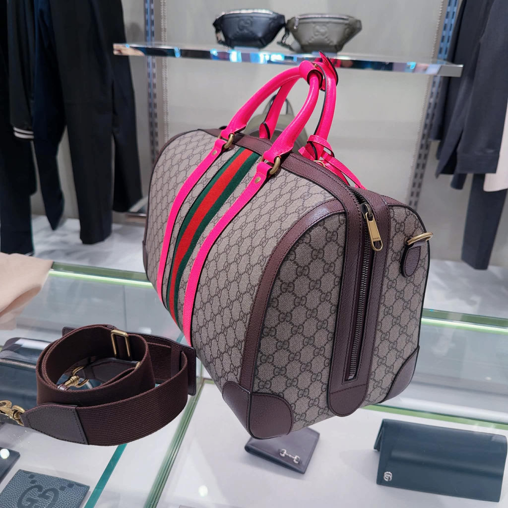 Gucci GG Supreme Duffle Bag – Brown Canvas – Neon Pink Handles – Web Stripe