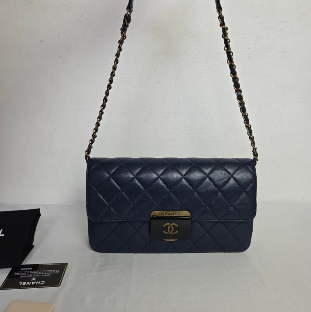Chanel Calfskin Flap Chain Shoulder Bag Navy Gold