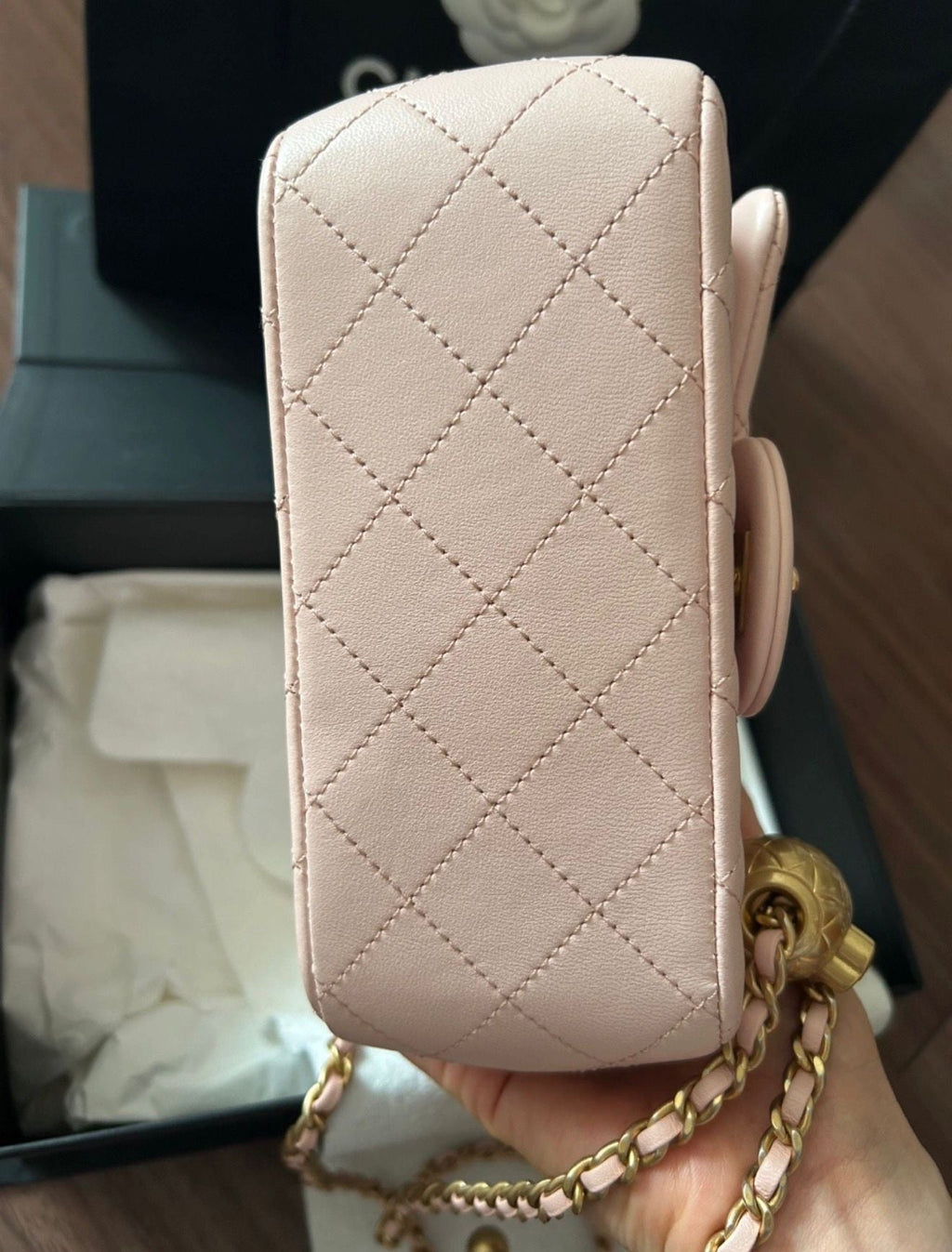 Chanel Petite Sac Baby Pink Gold Ball Strap