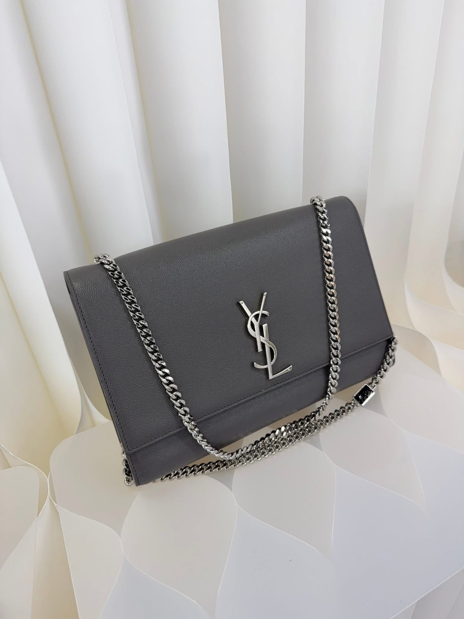 Saint Laurent YSL Large Chain Wallet Grey Silver Hardware