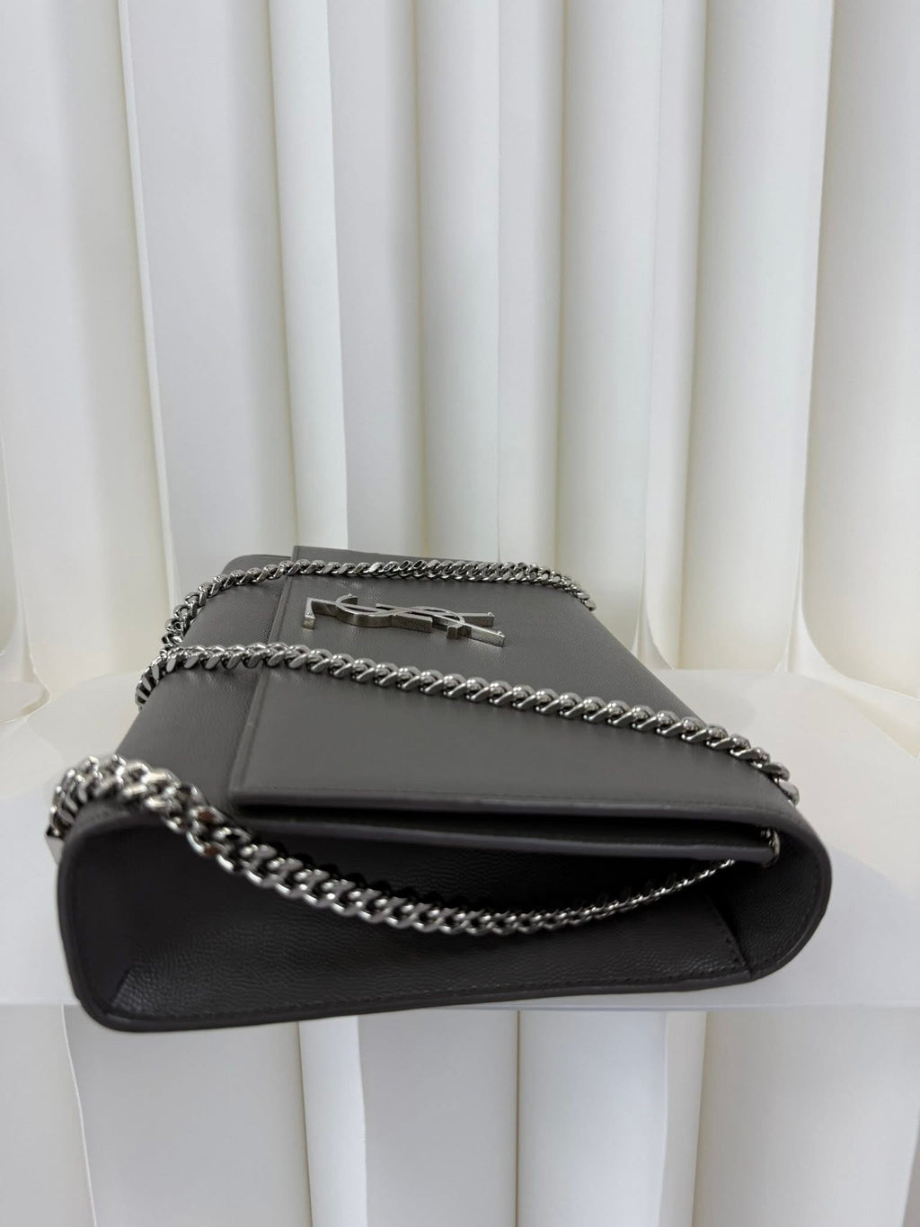 Saint Laurent YSL Large Chain Wallet Grey Silver Hardware