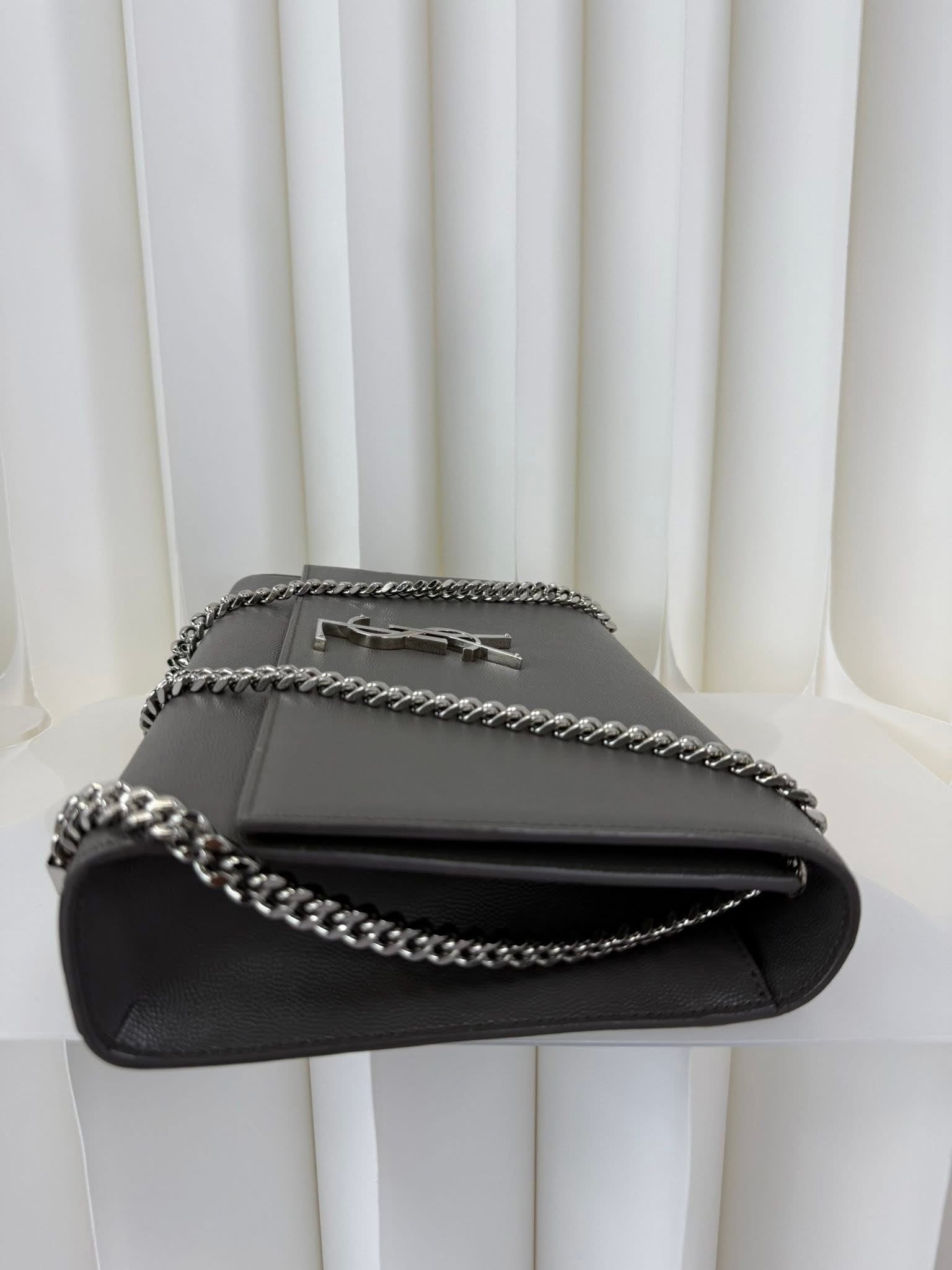 Saint Laurent YSL Large Chain Wallet Grey Silver Hardware