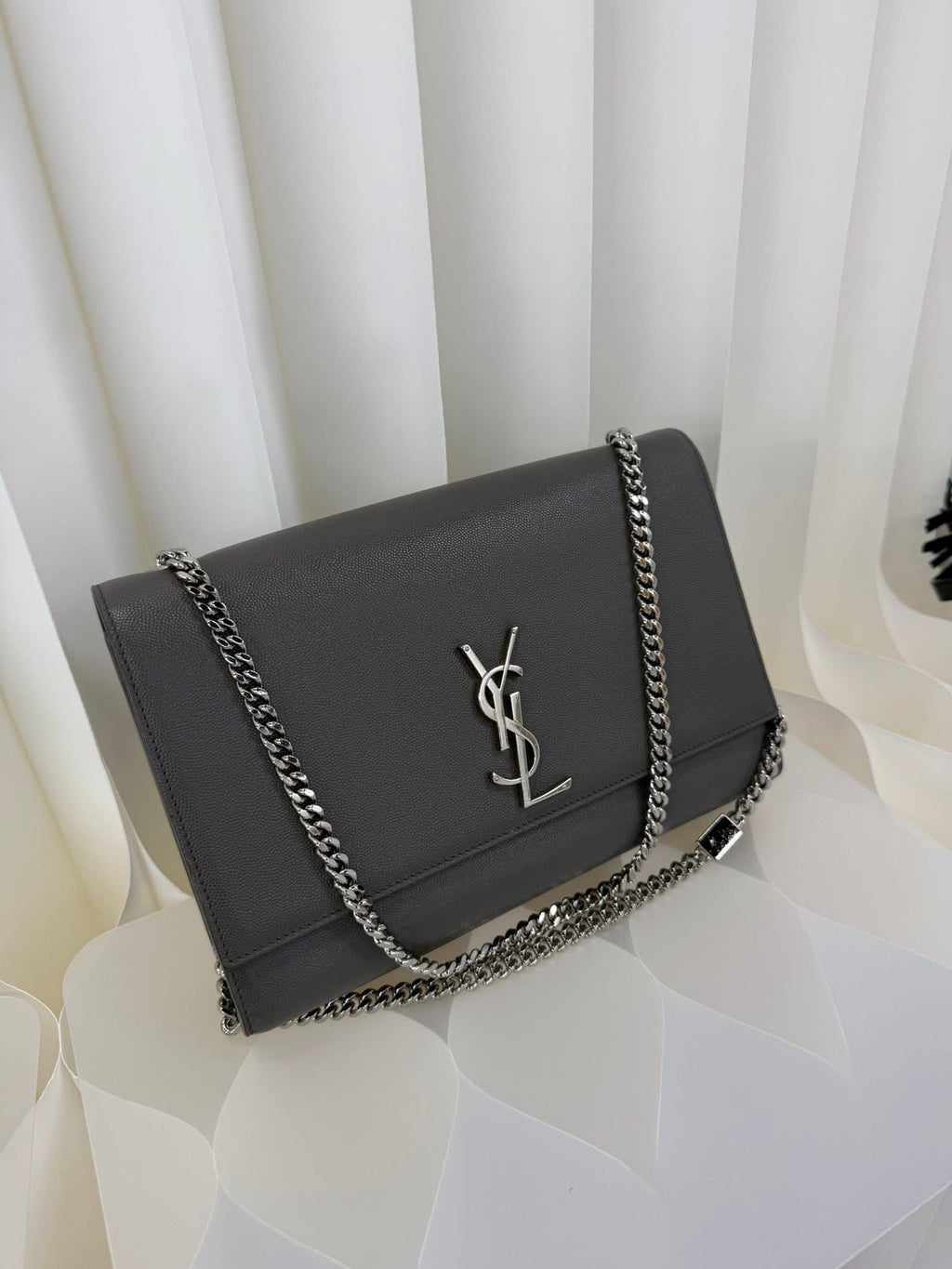 Saint Laurent YSL Large Chain Wallet Grey Silver Hardware