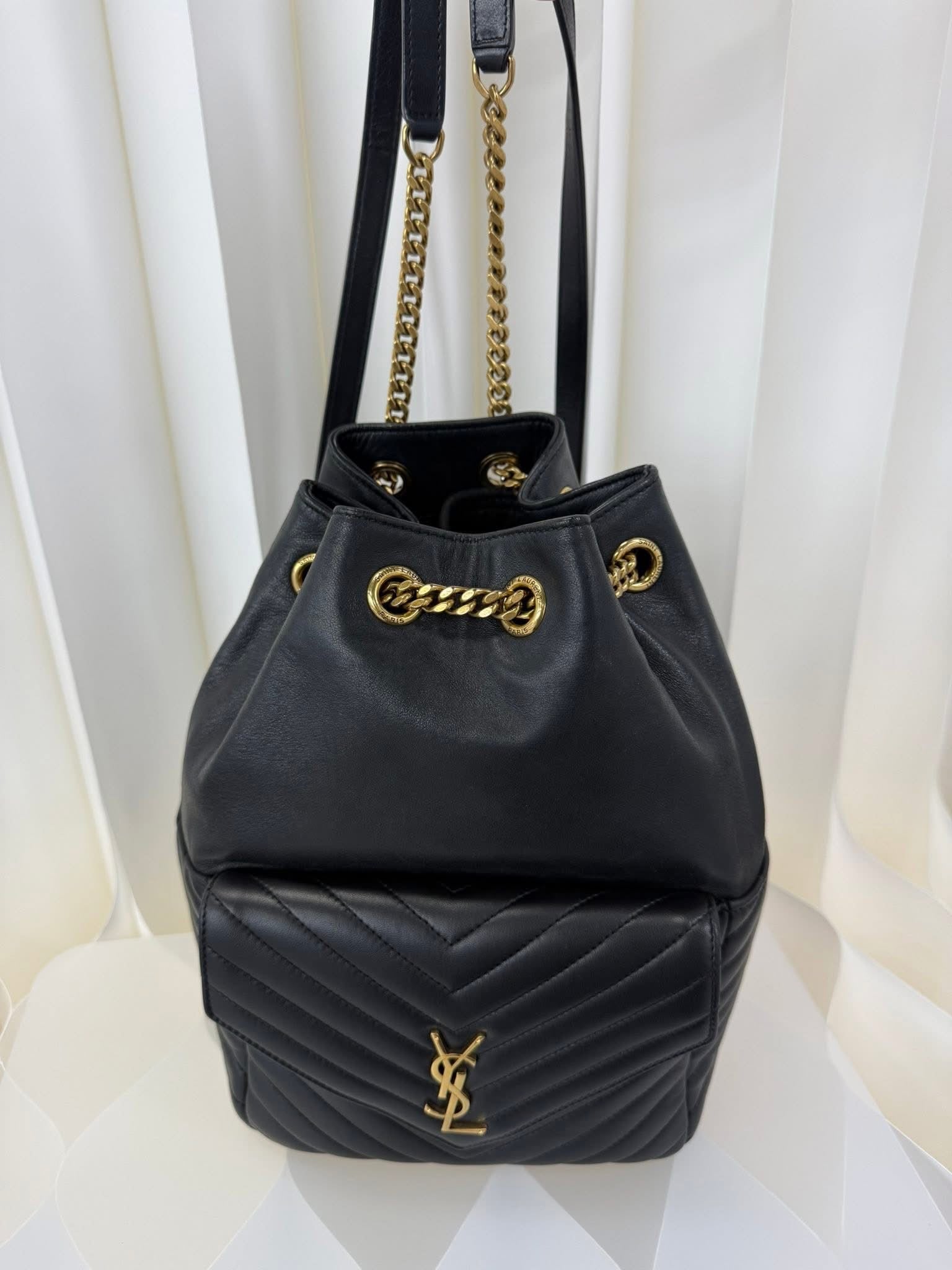 Saint Laurent YSL Chevron Bucket Backpack Black Gold