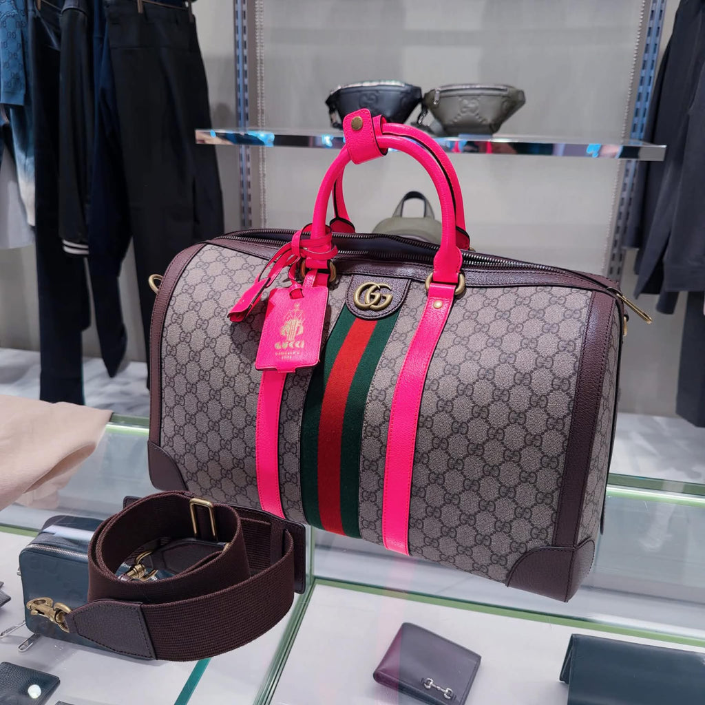 Gucci GG Supreme Duffle Bag – Brown Canvas – Neon Pink Handles – Web Stripe