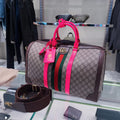 Gucci GG Supreme Duffle Bag – Brown Canvas – Neon Pink Handles – Web Stripe