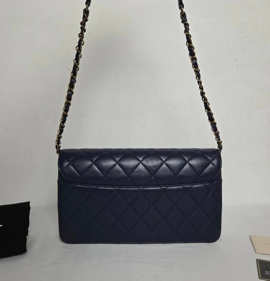 Chanel Calfskin Flap Chain Shoulder Bag Navy Gold