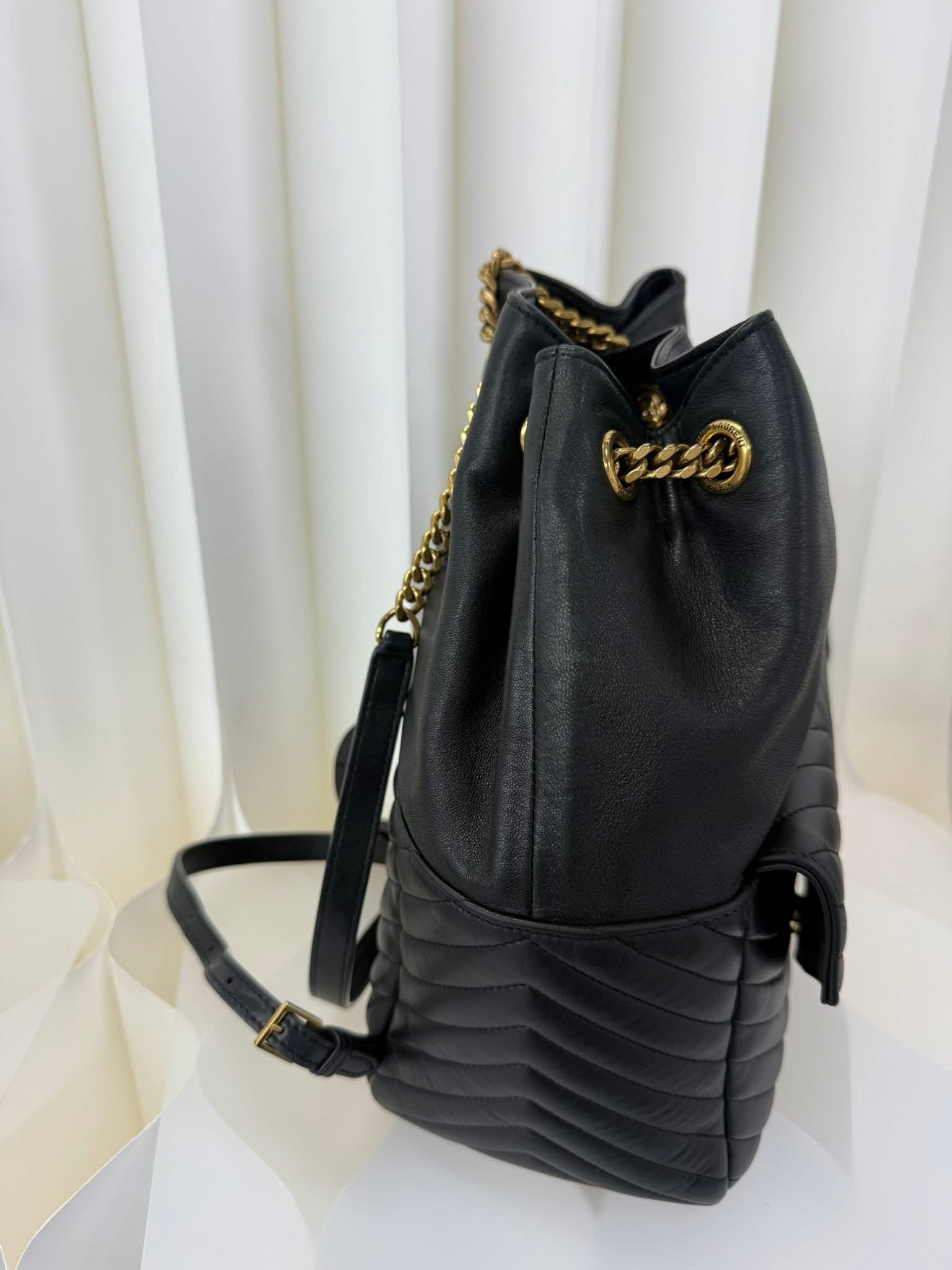 Saint Laurent YSL Chevron Bucket Backpack Black Gold