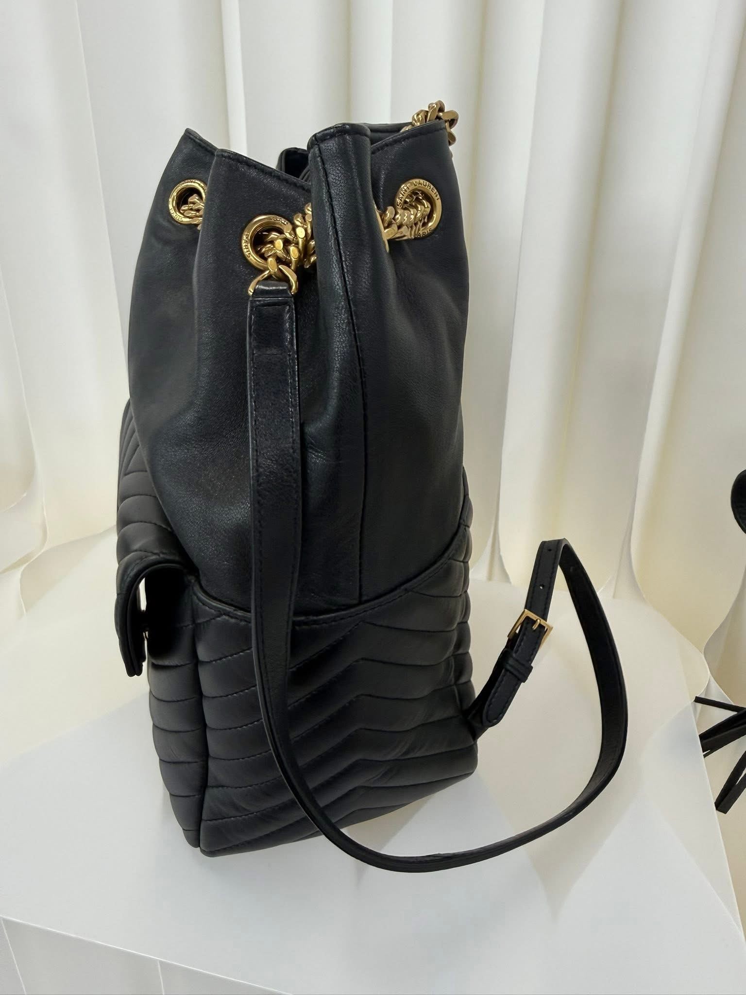 Saint Laurent YSL Chevron Bucket Backpack Black Gold