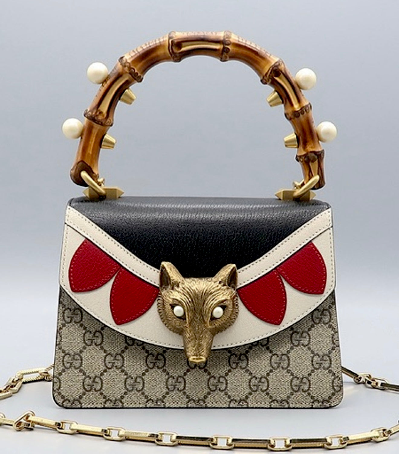 Gucci GG Supreme Pearl Fox Bamboo Top Handle Bag - Limited Editon