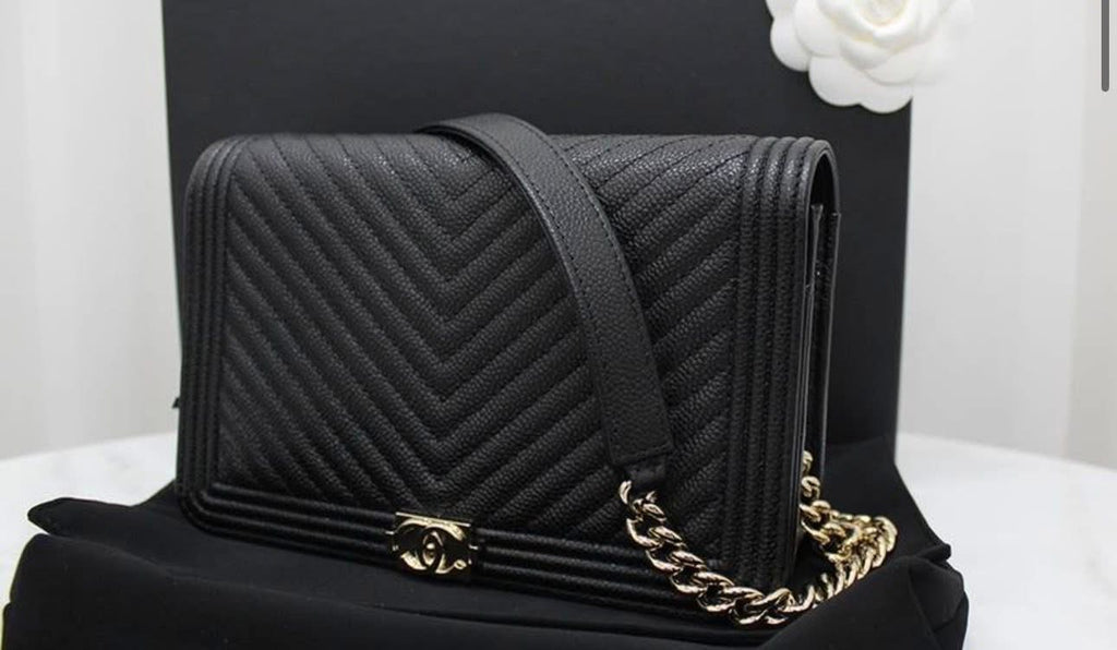 Chanel Boy Bag Chevron WOC – Black Caviar with Champagne Gold Hardware