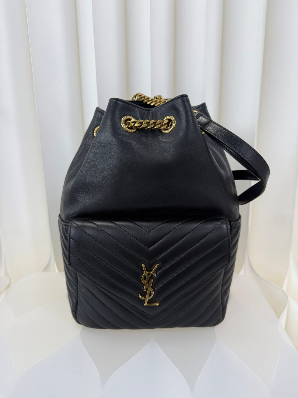 Saint Laurent YSL Chevron Bucket Backpack Black Gold
