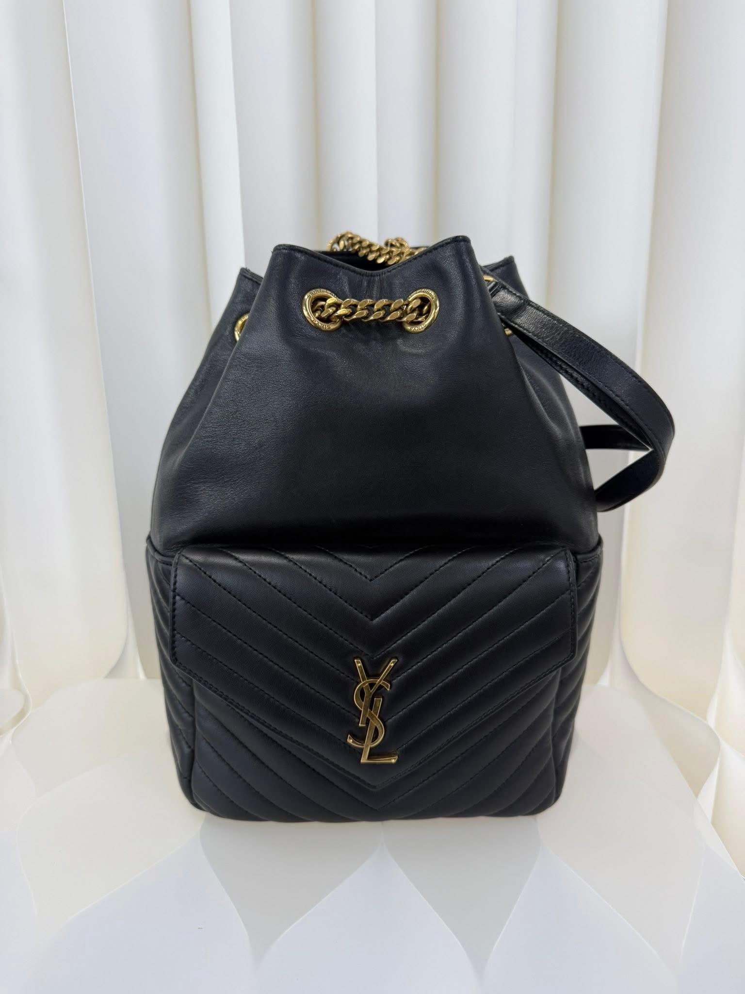 Saint Laurent YSL Chevron Bucket Backpack Black Gold