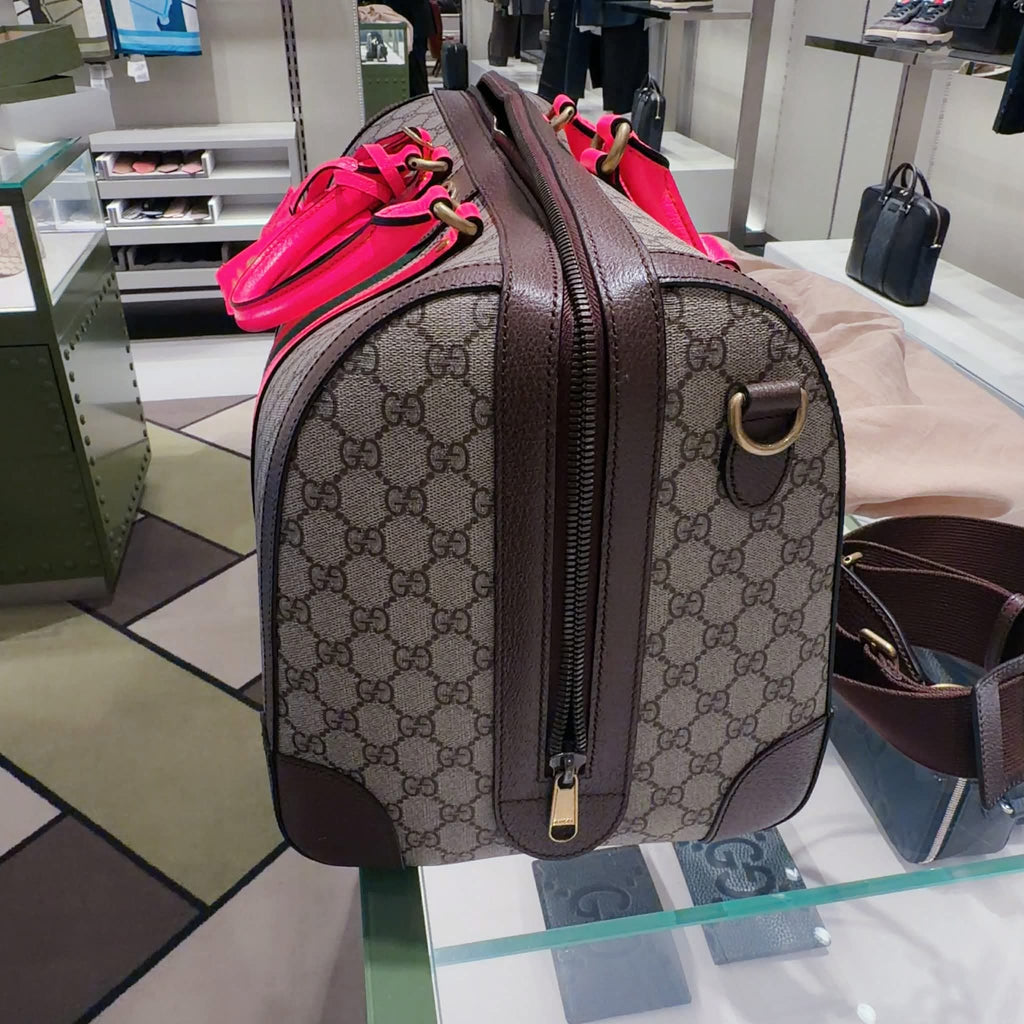 Gucci GG Supreme Duffle Bag – Brown Canvas – Neon Pink Handles – Web Stripe