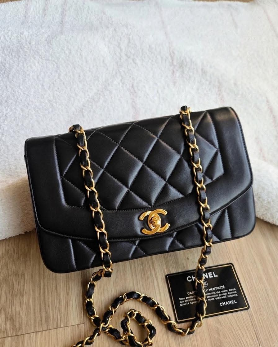 Chanel Vintage Small Diana handbag in black lambskin with 24k gold-plated hardware