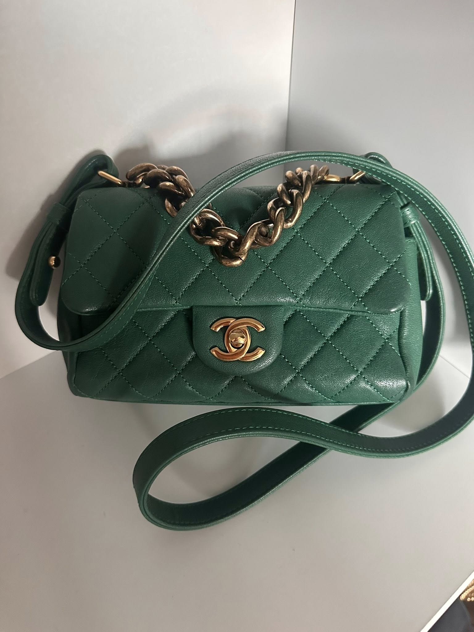Chanel Shiny Sheepskin Quilted Mini Trapezio Flap in green with aged gold hardware