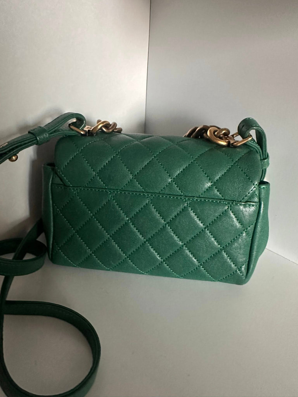 Chanel Shiny Sheepskin Quilted Mini Trapezio Flap in green with aged gold hardware