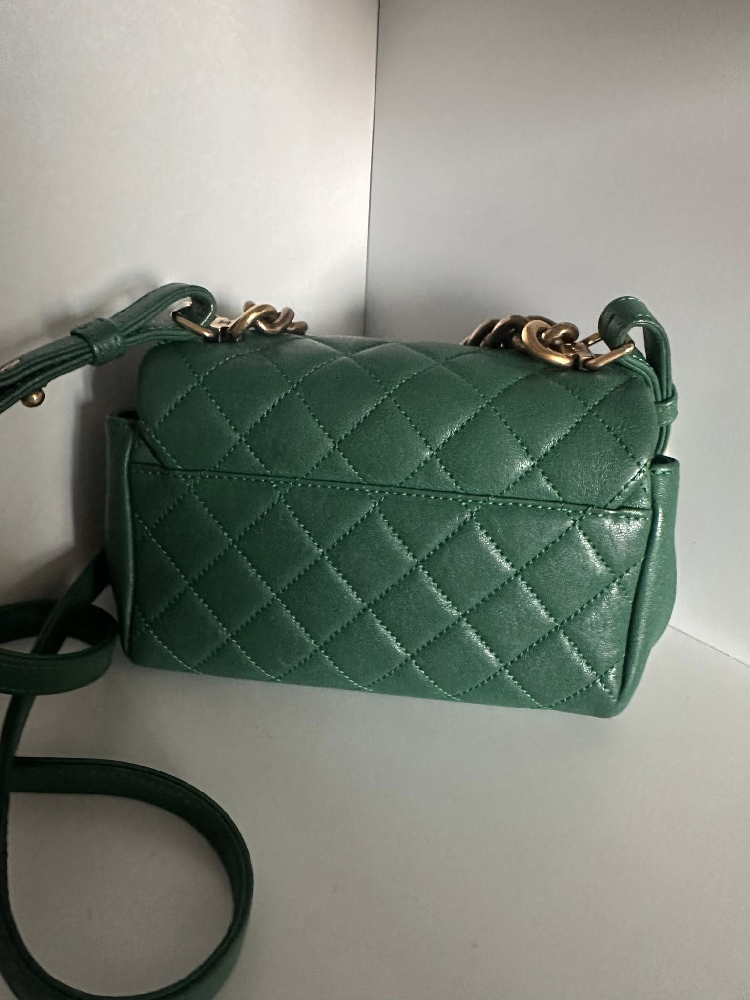 Chanel Shiny Sheepskin Quilted Mini Trapezio Flap in green with aged gold hardware