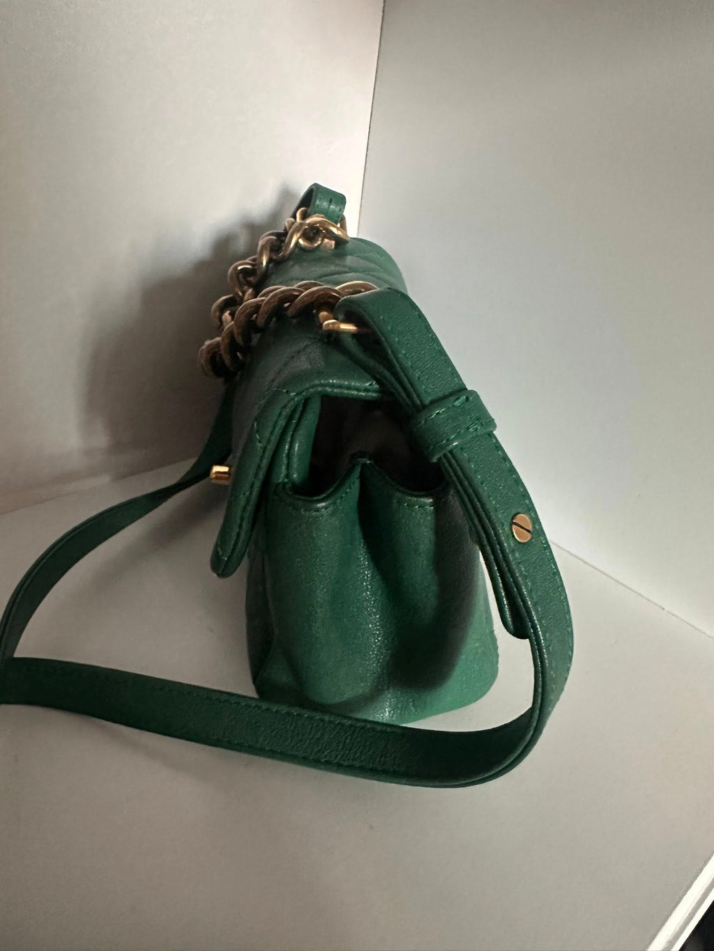 Chanel Shiny Sheepskin Quilted Mini Trapezio Flap in green with aged gold hardware