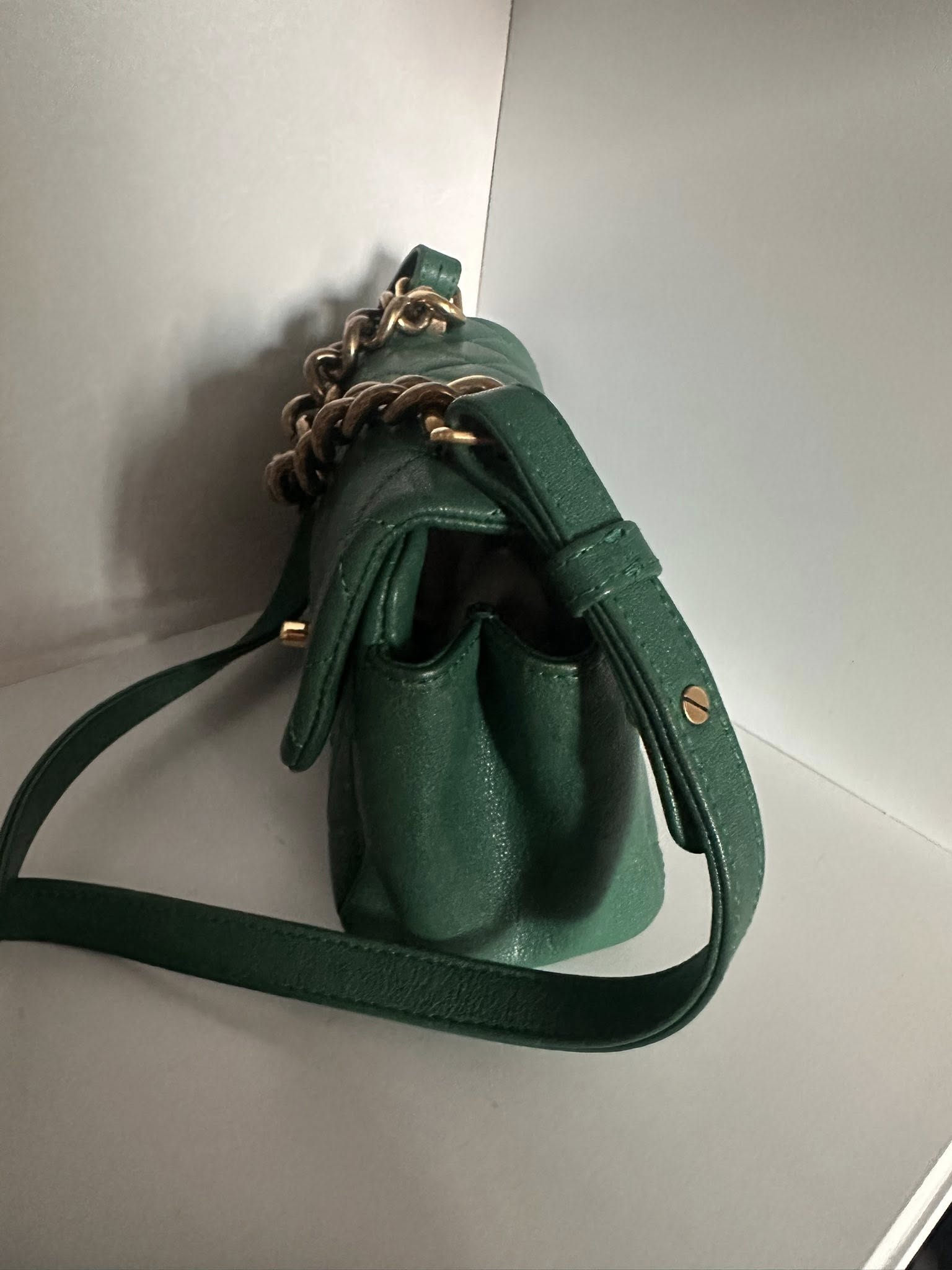 Chanel Shiny Sheepskin Quilted Mini Trapezio Flap in green with aged gold hardware