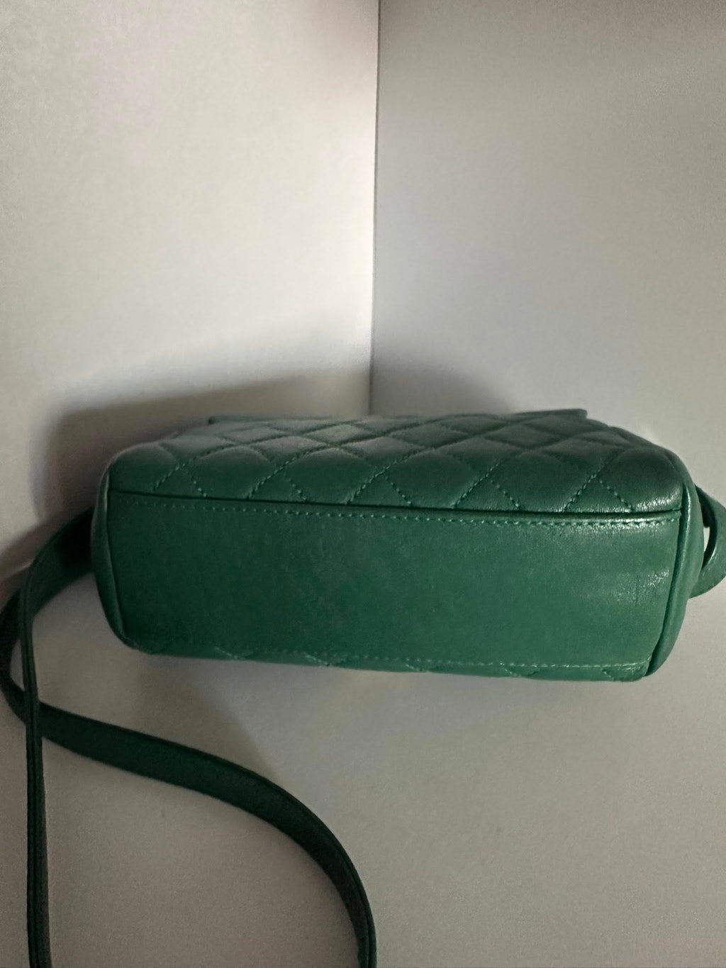 Chanel Shiny Sheepskin Quilted Mini Trapezio Flap in green with aged gold hardware